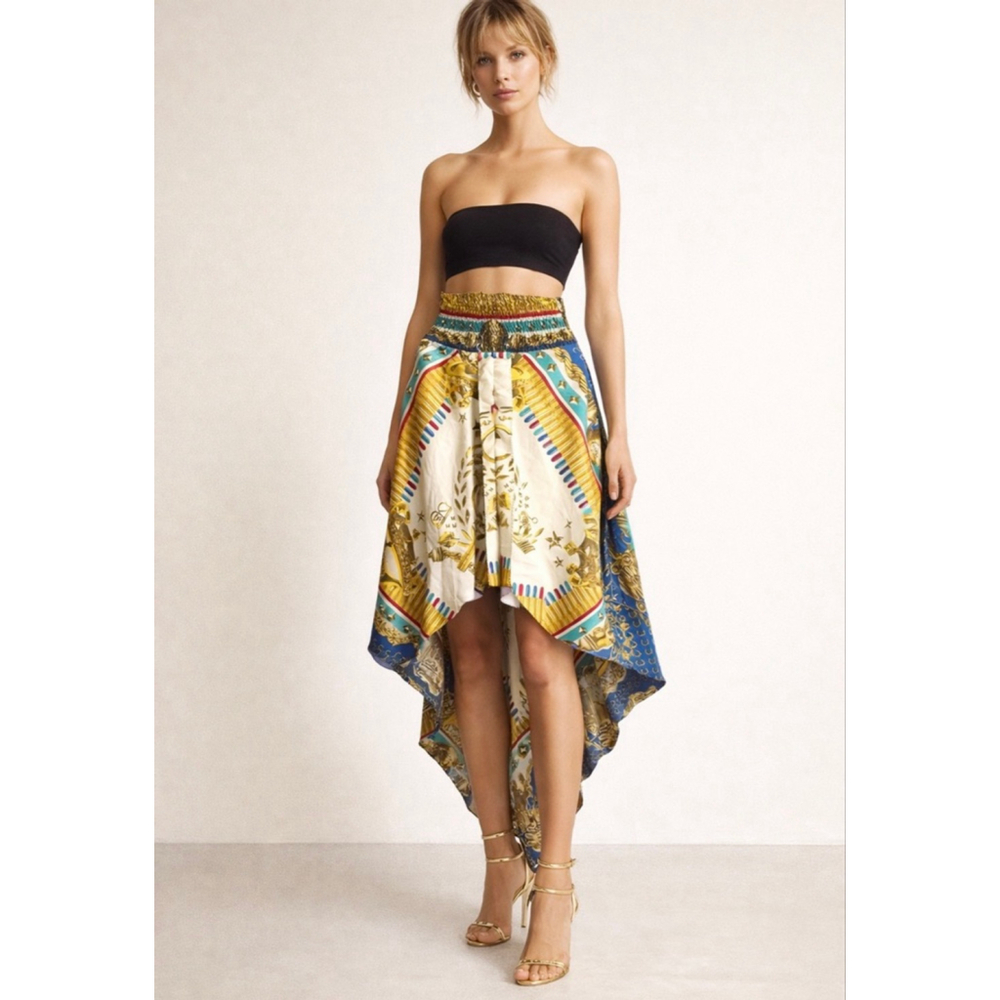 Rocawear Vintage Handkerchief Skirt M Gold Blue Medallion Versace Vibes - Picture 1 of 6